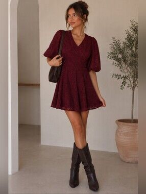 NWT Rachel Parcell V-Neck Puff Sleeve Mini Dress Wine Red Size 0
